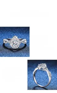 Macro detail of pear-cut moissanite ring with side diamonds and polished silver band