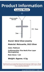 Detailed specifications of s925 silver cross pendant featuring a 1.6ct Moissanite stone