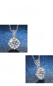 Macro detail of 1-carat moissanite necklace featuring a classic six-prong silver setting