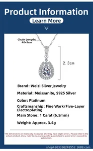Détail macro du collier moissanite 1ct en forme de goutte et spécifications argent S925
