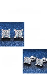 Detailed view of princess cut moissanite stud earrings in a classic four-prong silver setting