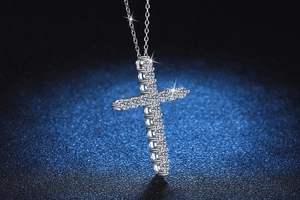 Macro detail of S925 sterling silver cross pendant with pavé-set Moissanite diamonds
