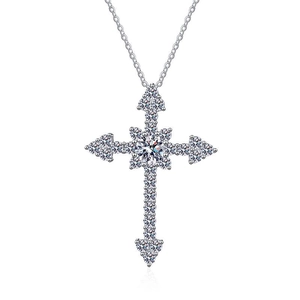 Elegant S925 sterling silver cross pendant necklace with round moissanite centerpiece