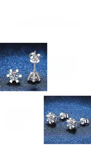Macro shot of 925 sterling silver moissanite stud earring with classic six-prong setting