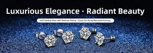 Close-up of S925 sterling silver moissanite stud earrings with classic six-prong setting