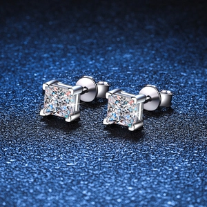 Elegant S925 sterling silver princess cut moissanite stud earrings with four-prong setting