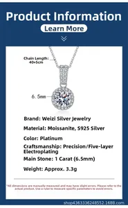 Infographie du collier en argent S925 montrant les détails du pendentif moissanite 1ct