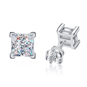 S925 sterling silver princess cut moissanite stud earrings with classic 4-prong setting