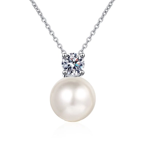 Elegant S925 sterling silver necklace with a 10mm white pearl and Moissanite solitaire pendant