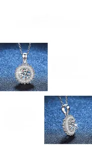 Détail macro du pendentif en moissanite avec serti halo et chaîne en argent poli
