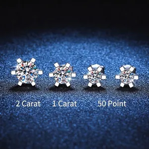 S925 sterling silver moissanite stud earrings in 0.5ct, 1.0ct, and 2.0ct classic 6-prong settings