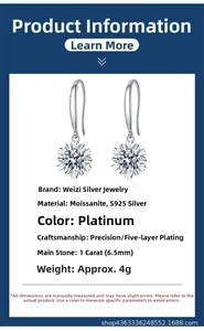 Detail view of 1ct moissanite snowflake earrings with S925 silver specs and dimensions