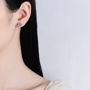 Classic S925 sterling silver six-prong moissanite stud earrings on a model ear