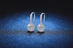 Macro shot of silver halo earrings with round cut stones and micro-pave detailing
