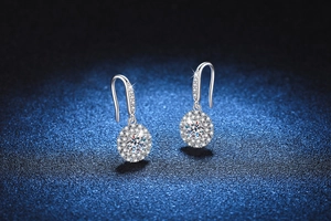 Macro detail of S925 sterling silver drop earrings with cluster-set Moissanite stones