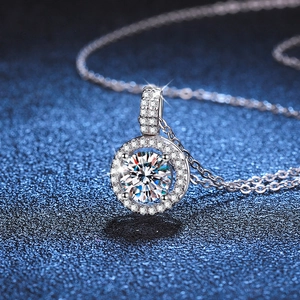 Elegant S925 sterling silver halo necklace featuring a 1-carat moissanite round pendant
