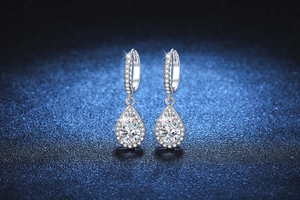 Macro detail of pear-cut moissanite drop earrings in S925 sterling silver settings