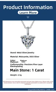 Detail of 1ct heart moissanite pendant necklace with S925 silver and platinum plating