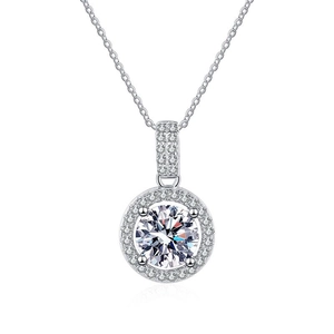 S925 sterling silver moissanite halo necklace featuring a 1 carat round pendant