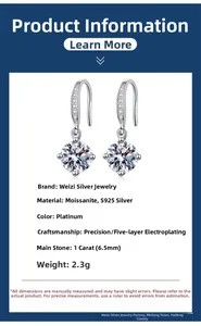 Detail view of S925 sterling silver drop earrings with 1 carat moissanite stones