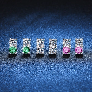 Classic S925 Sterling Silver Moissanite Stud Earrings For Women Vertical Double Stone Four Claw Inlaid Geometric Earrings Fine Jewelry