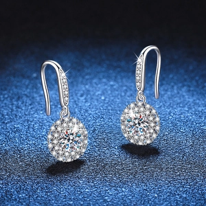 Sparkling S925 sterling silver halo dangle earrings with brilliant D color moissanite