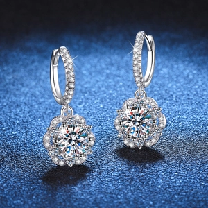 Luxurious S925 sterling silver rose drop earrings with 1 carat moissanite and halo stones