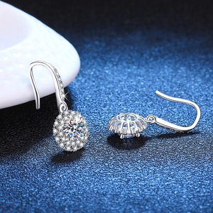 S925 sterling silver halo drop earrings with brilliant round cut moissanite stones