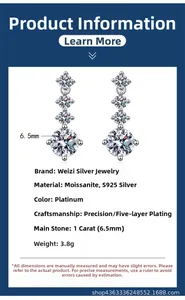 Detailed specs of s925 silver moissanite earrings with 1 carat stone and 5-layer plating