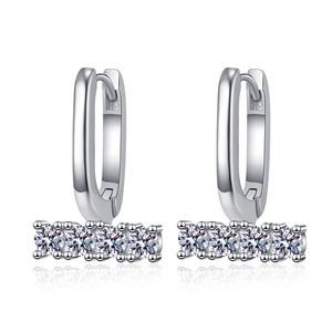 S925 silver hoop earrings with four round moissanite stones in a bar pendant design