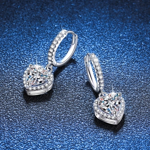 Classic heart-shaped Moissanite drop earrings in S925 sterling silver with micro-pave crystals