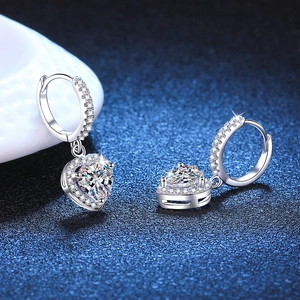 Classic heart-shaped moissanite drop earrings in S925 sterling silver with halo stones