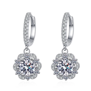 Luxurious S925 sterling silver flower earrings with 1 carat moissanite and halo stones