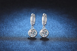 Macro shot of S925 sterling silver drop earrings with 1 carat D color moissanite stones