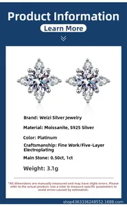 Detail view of S925 sterling silver moissanite stud earrings with 0.5ct and 1ct size specs