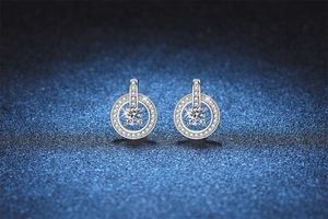 Detail of Moissanite earrings featuring dual-ring design and brilliant round-cut center stone