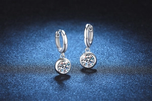 Detail of S925 sterling silver drop earrings with brilliant round cut Moissanite stones
