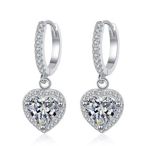 S925 sterling silver heart-shaped moissanite drop earrings with reflective finish