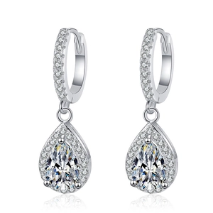 Classic pear-cut moissanite drop earrings in S925 sterling silver with huggie hoops