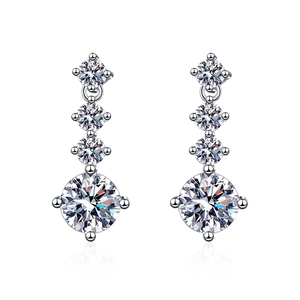 Elegant S925 sterling silver drop earrings with four-claw moissanite stones and metal reflection