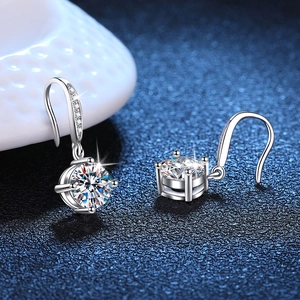 Elegant S925 sterling silver drop earrings with round moissanite in classic four-claw setting