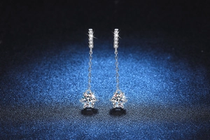 Close-up of S925 silver tassel earrings featuring six-prong moissanite stones