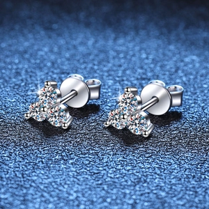 Sparkling S925 silver three-petal clover moissanite stud earrings with butterfly backings