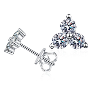 Three-stone S925 sterling silver moissanite earrings in a clover design on white background
