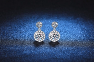 Detail shot of S925 sterling silver moissanite drop earrings with brilliant cluster design