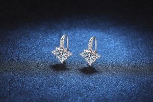 Close-up of s925 silver moissanite earrings with sparkling eight-pointed star design