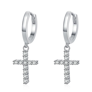 S925 Sterling Silver Cross Drop Earrings with Full Moissanite Stones in Symmetrical Layout
