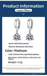 Macro shot of S925 sterling silver three-prong moissanite earrings in platinum finish