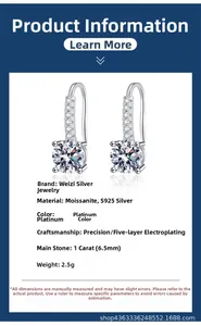 Détails des boucles d'oreilles moissanite 1ct en argent S925 avec placage platine et spécifs