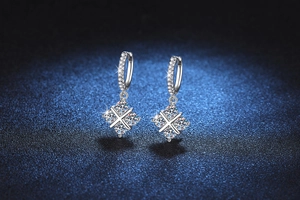 Macro shot of S925 sterling silver hoop earrings featuring brilliant moissanite pendants